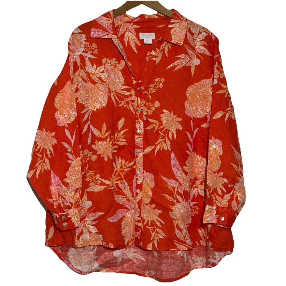 Cynthia Rowley 2XL 100% Linen Button Down Shirt Hawaiian‎ Floral Resort Coastal
